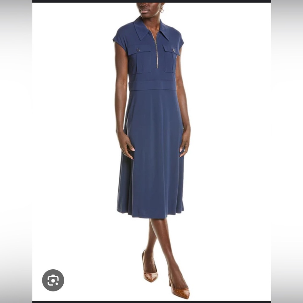 Sold -Lafayette 148 Double Pocket Navy Blue Midi Dress Gold Zip Stretch $998